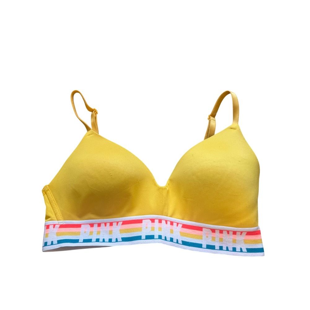 PINK Victoria's Secret Wireless Bra Women 32C Yellow Excellent Rainbow Logo Band